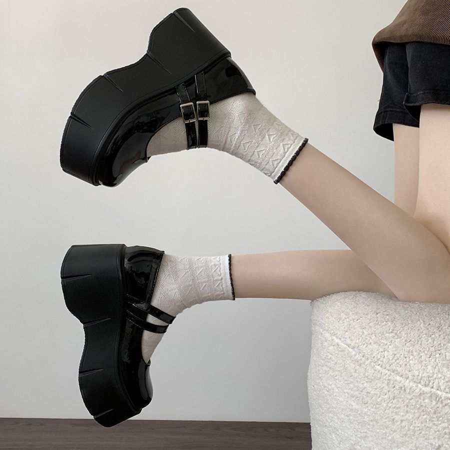 Round Head Increased Retro British Style Black Platform Leather Shoes Women's Spring And Autumn New French Style