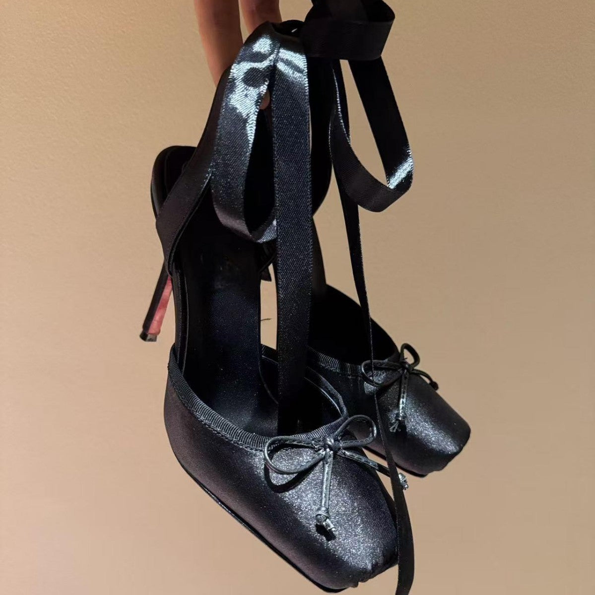 Leather Sole Women's Shoes Fashion Satin Ribbon Toe Cap