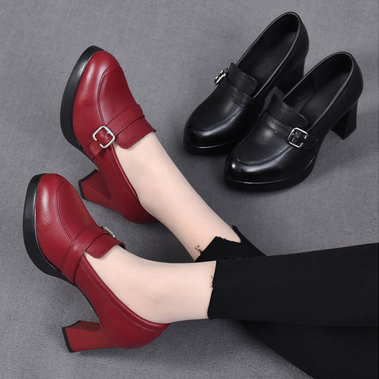 Women's French Chunky Heel Waterproof Platform Retro High Heel Leather Shoes