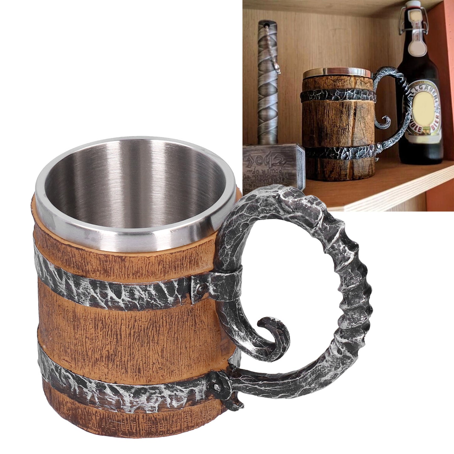 Resin Drinking Mug Oak Barrel Personalized Viking Vintage Stainless Steel HandMade Cup