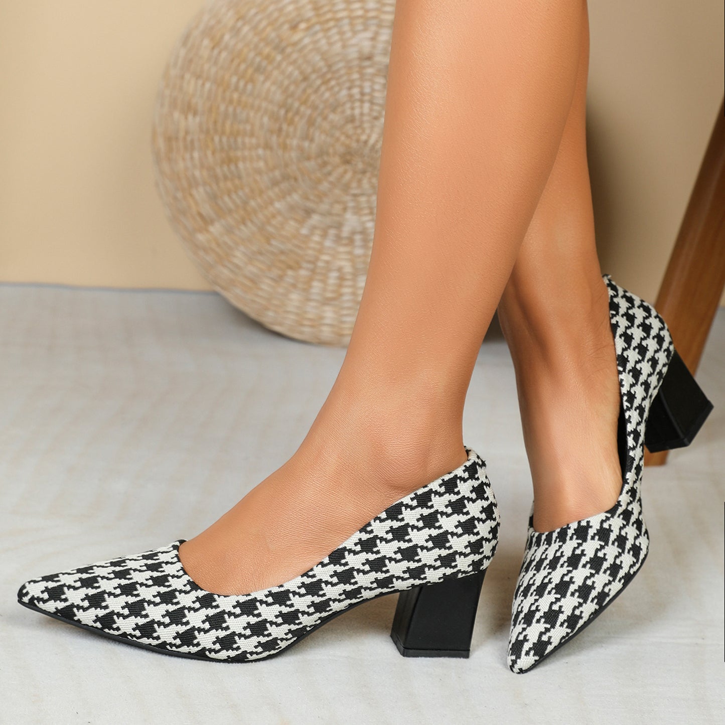 Houndstooth High Heels Women Low-cut Chunky Heel Shoes