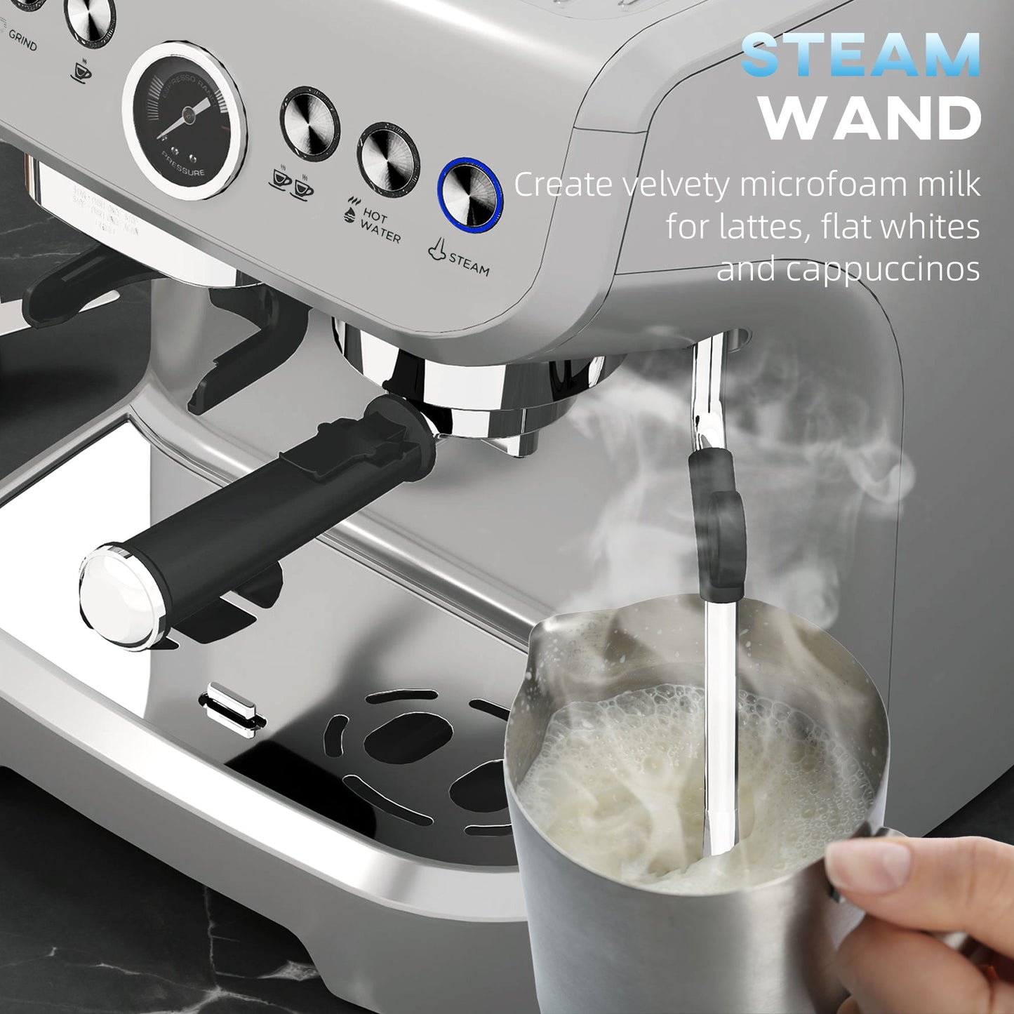 15 Bar Coffee Machine, with Adjustable Grind, Steamer and Accessories - Silver Colour-4