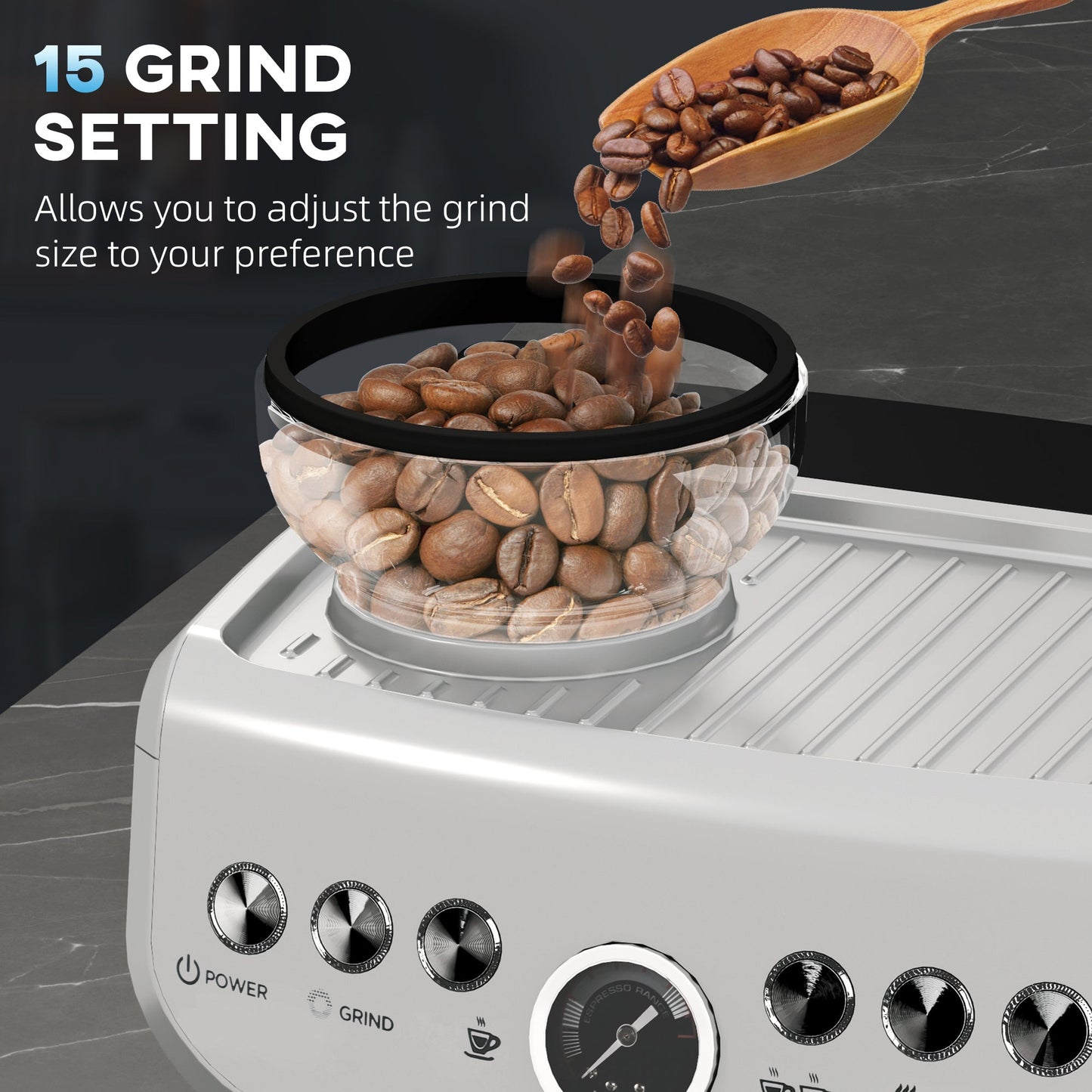 15 Bar Coffee Machine, with Adjustable Grind, Steamer and Accessories - Silver Colour-3