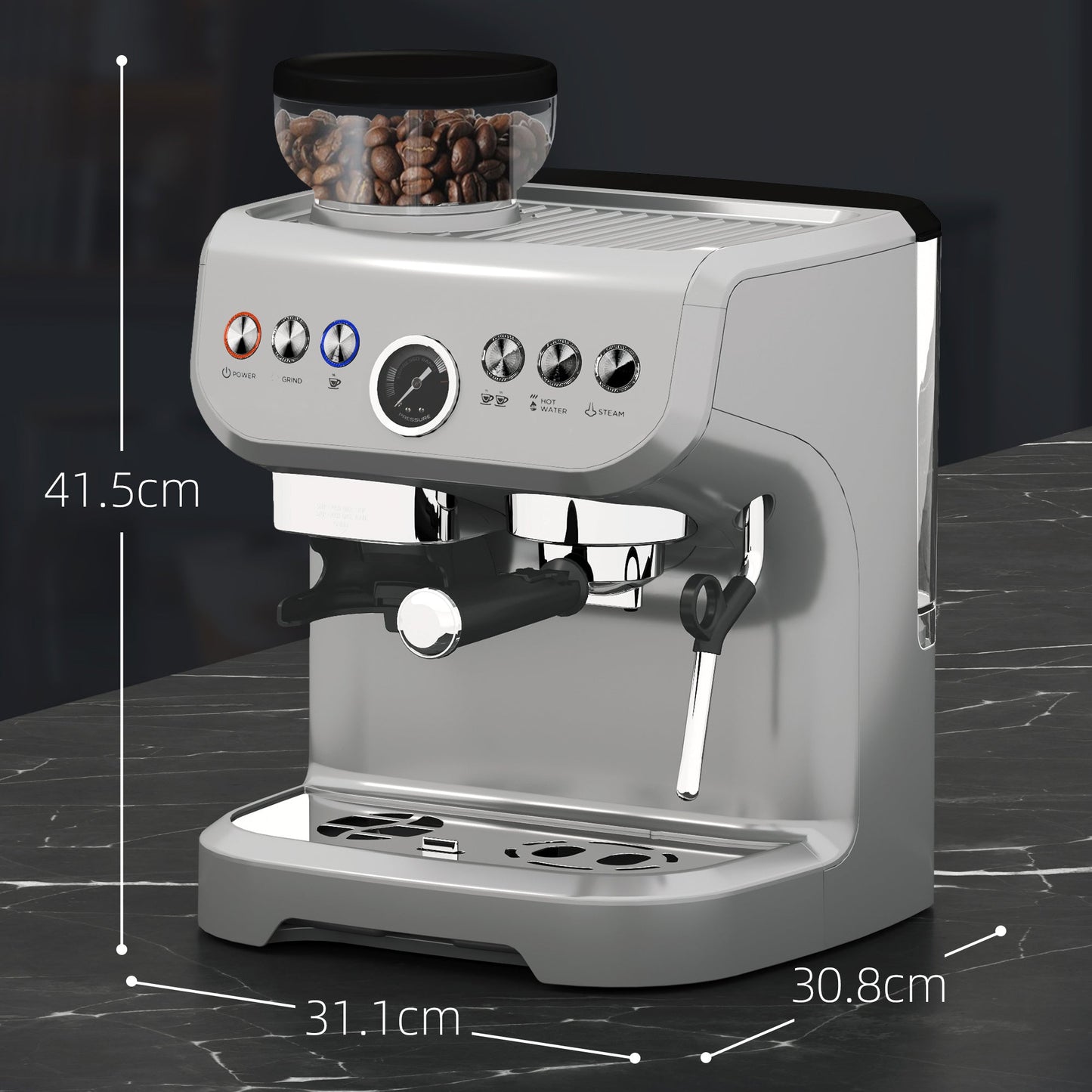 15 Bar Coffee Machine, with Adjustable Grind, Steamer and Accessories - Silver Colour-2