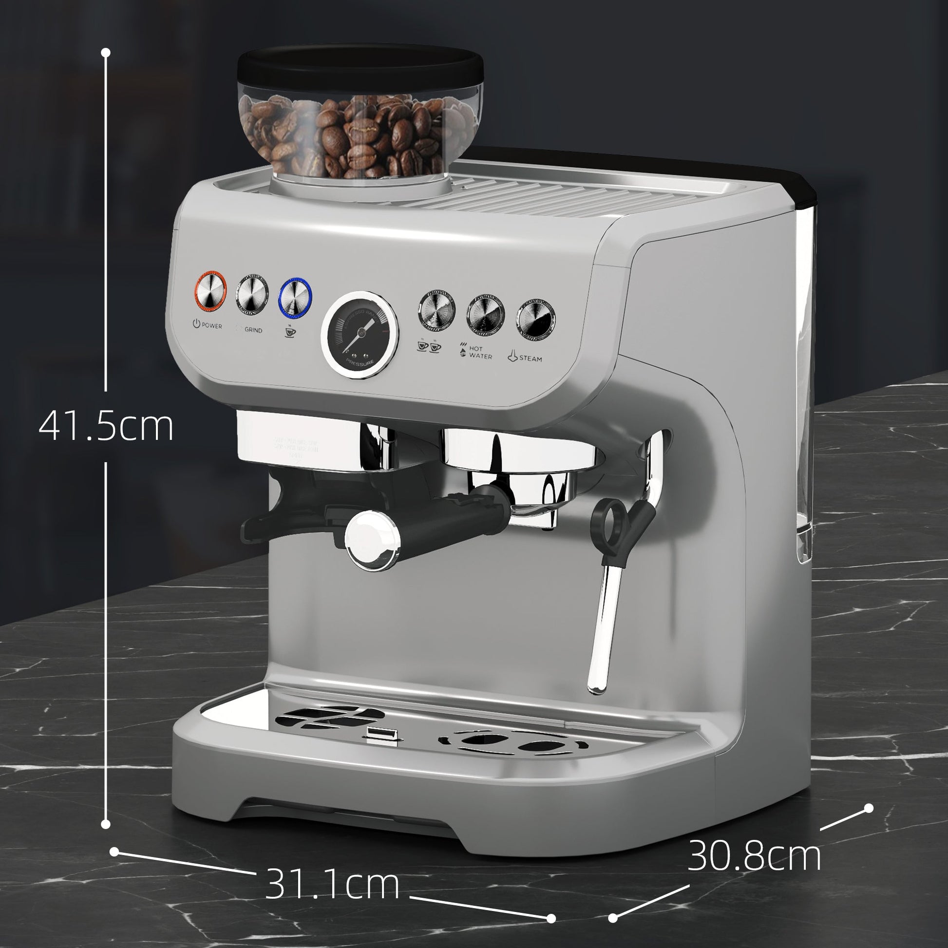 15 Bar Coffee Machine, with Adjustable Grind, Steamer and Accessories - Silver Colour-2